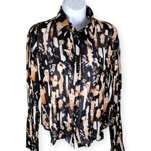 Hilsur Yeoman Black Brown Abstract Womens Long Sleeve Blouse M